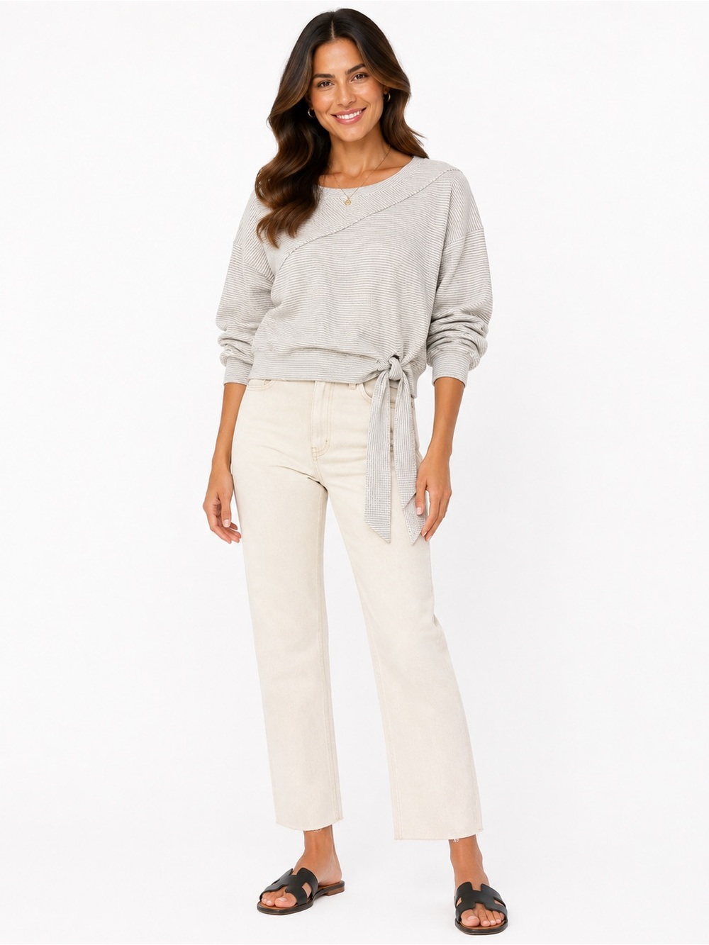 Anthropologie Light Gray Tie-Waist Knit Sweatshirt